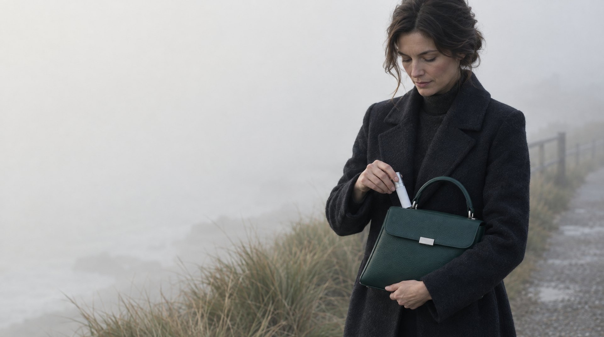 A woman on a foggy walkway slipping the oral spray into a teal handbag.
