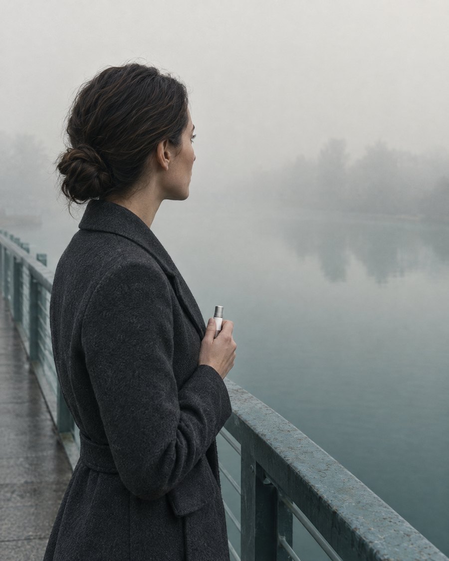A woman on a bridge in fog, the oral spray in her hand.