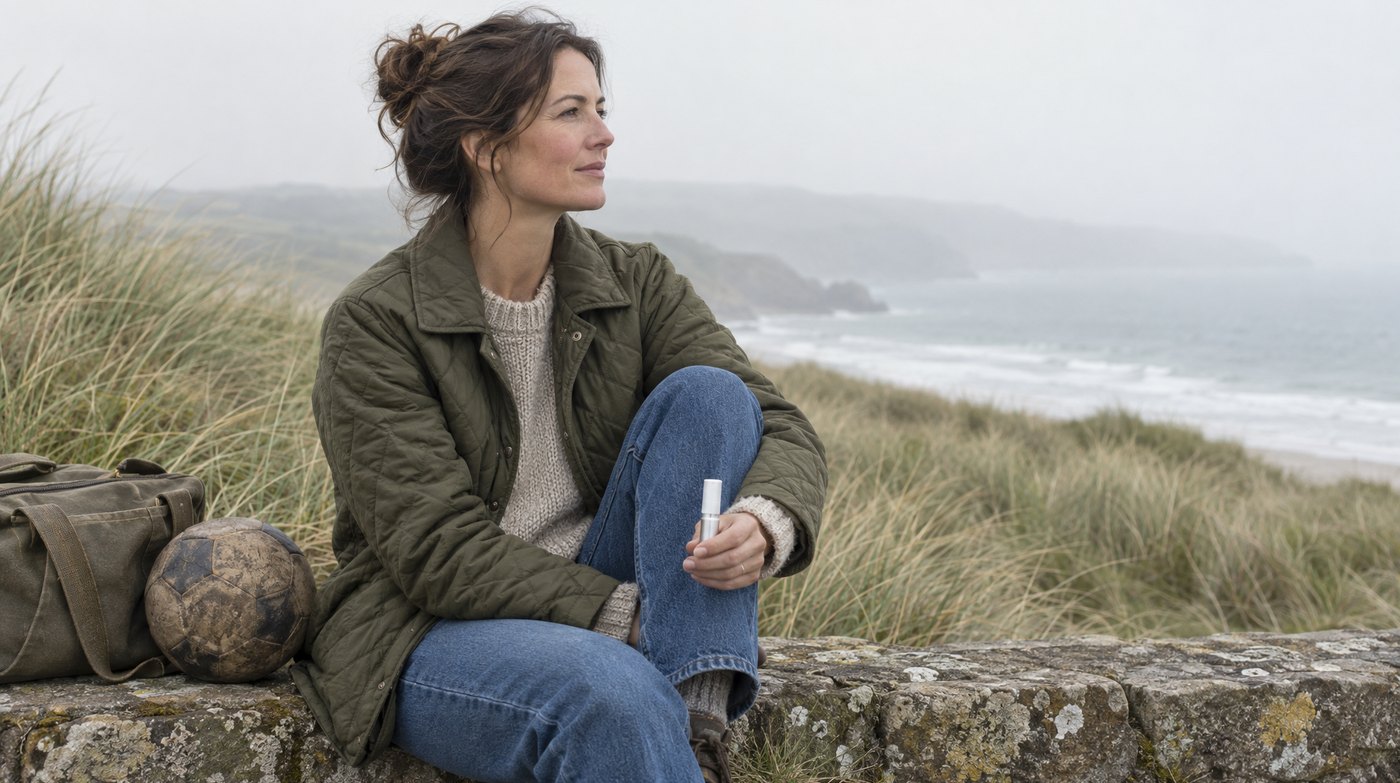 A woman sitting on a sea wall after a game, the oral spray in her hand.