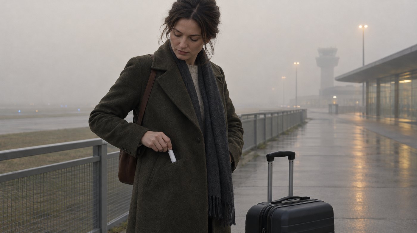 A woman at an airport kerb putting the oral spray into a coat pocket.